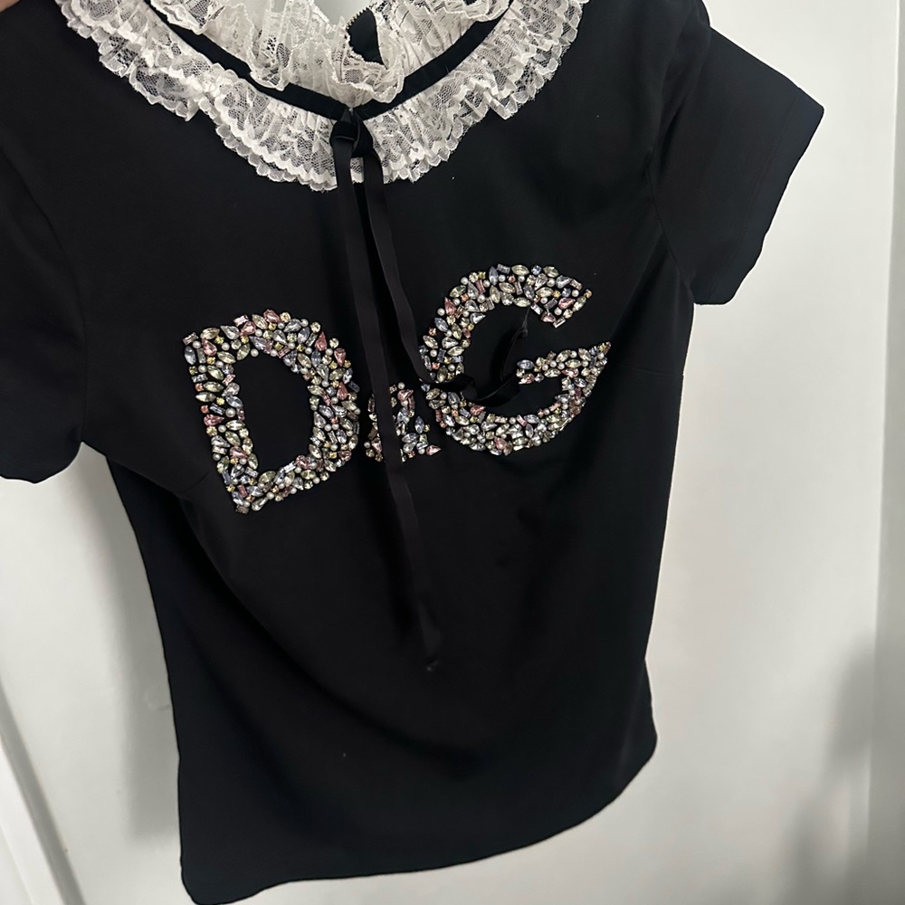 Black D&G Embellished T-Shirt with Lace Collar